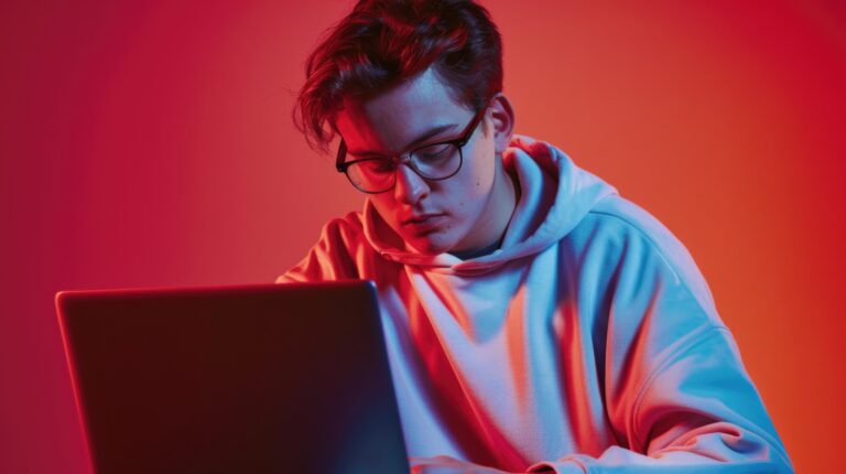 Adolescente masculino com cerca de 16 anos mexendo no laptop e aprendendo mais sobre o ECA Digital