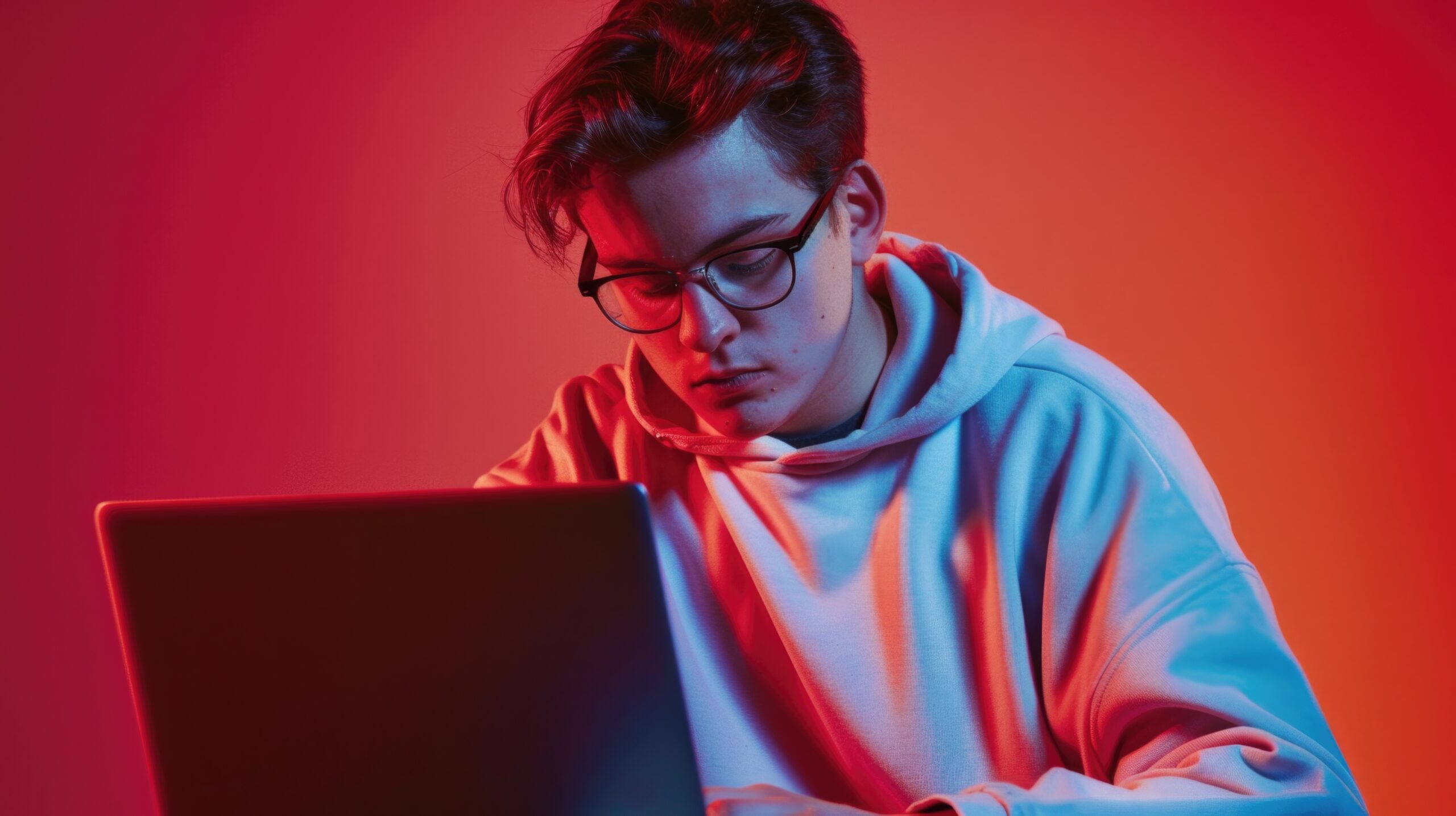 Adolescente masculino com cerca de 16 anos mexendo no laptop e aprendendo mais sobre o ECA Digital